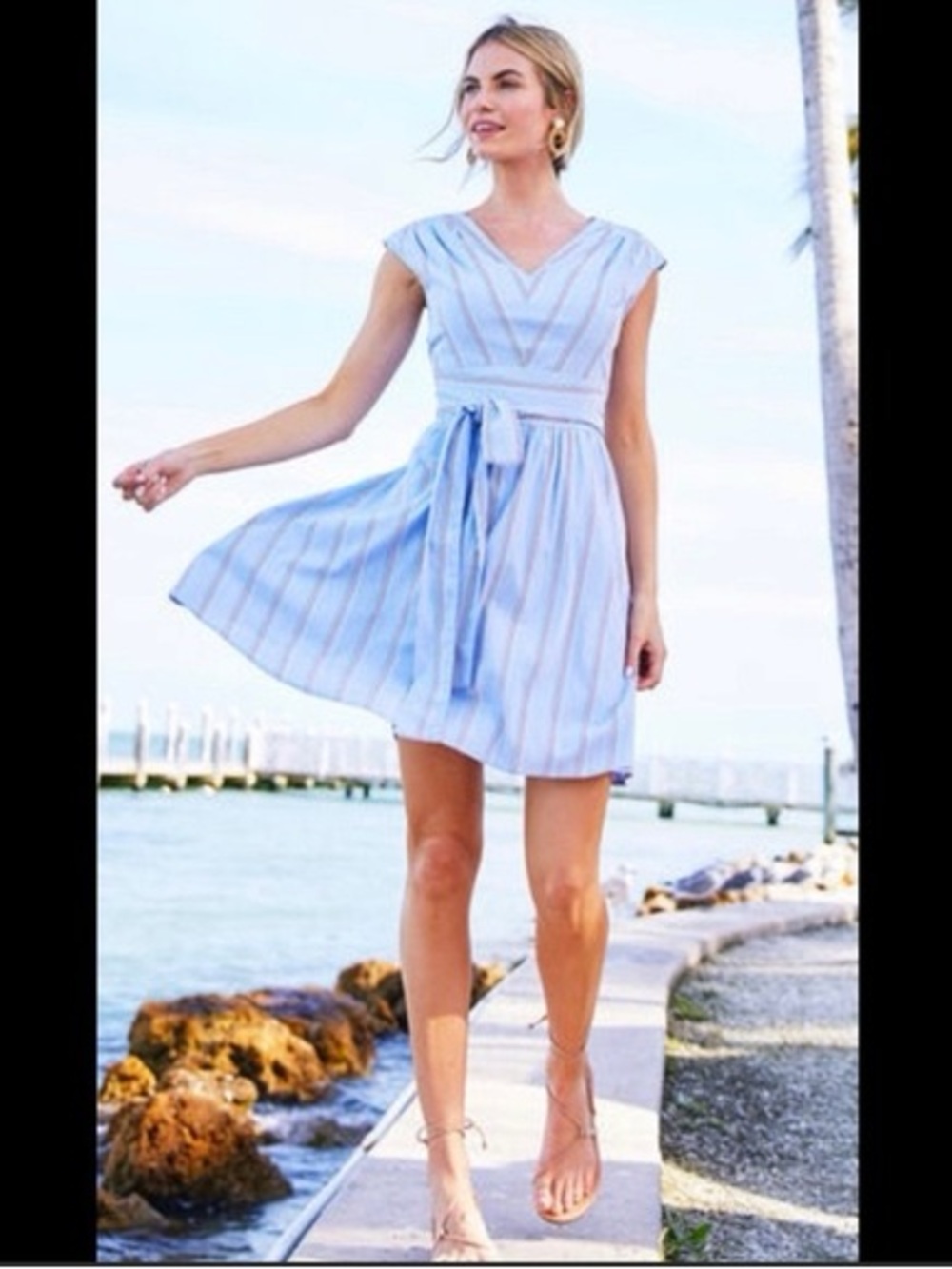 Vineyard Vines Light Blue and White Striped V-Neck Tie-Waist Mini Dress